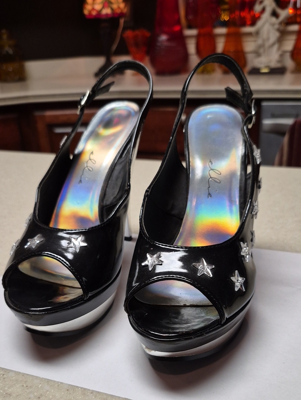 Elle Black Patent Star-Embellished Slingback Platform Heels